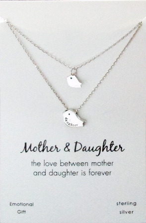 Two tweeting mother and daughter birds silver pendant